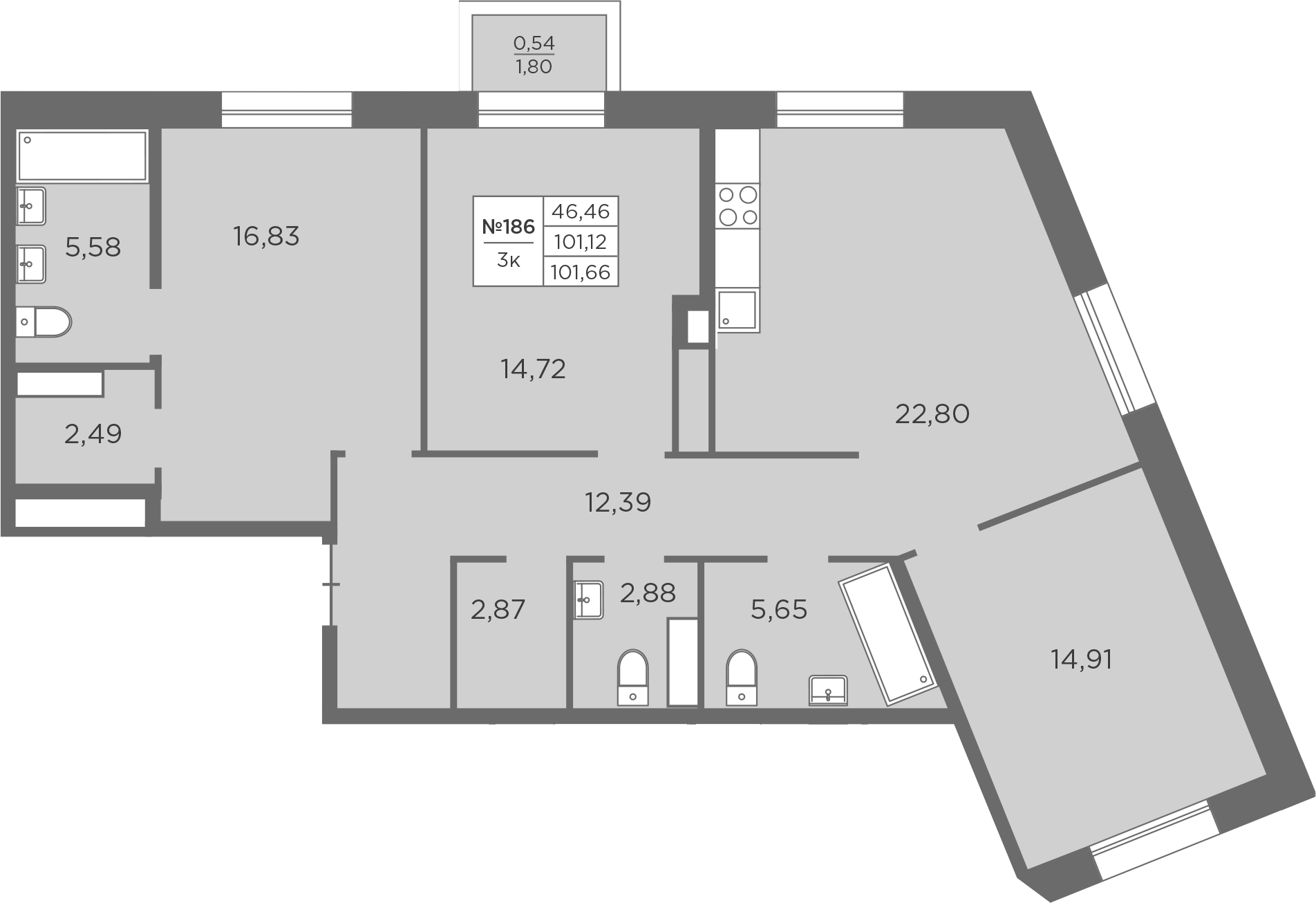 3-комнатная квартира 101.66 м², 4/8 эт., ЖК «Северная Корона»